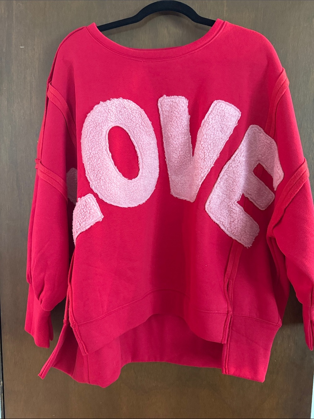 BiBi Red Sweatshirt with Pink Sherpa LOVE Appliqué